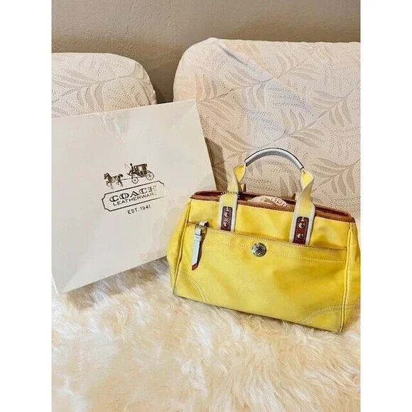 COACH Hampton Yellow & White Double Handles Satin Satchel #F11992 - Picture 7 of 7